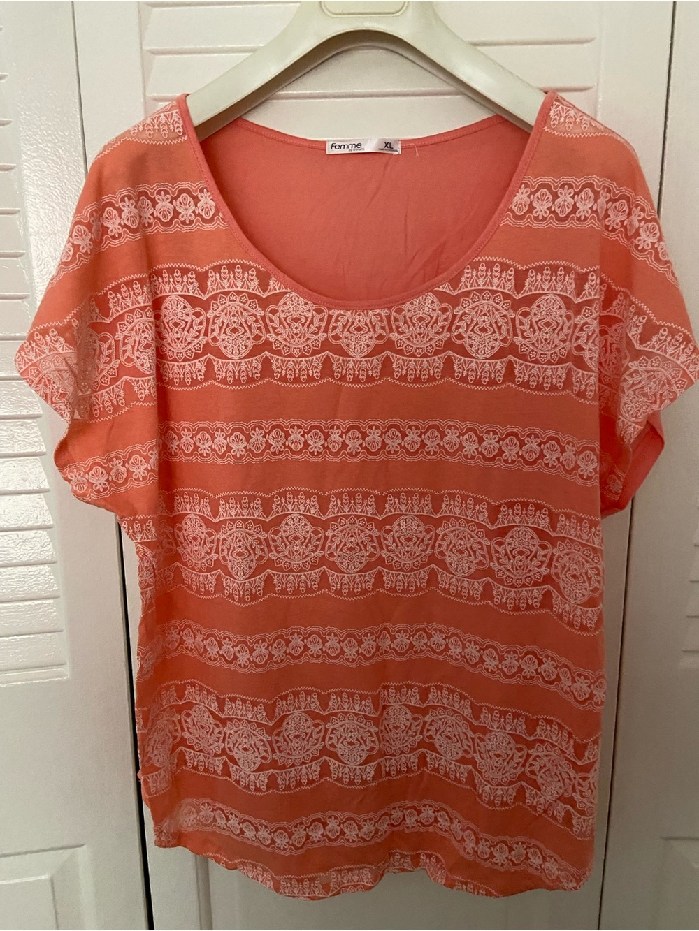 Femme Coral Scoop Neck Short Sleeve Lace-Stripe Blouse